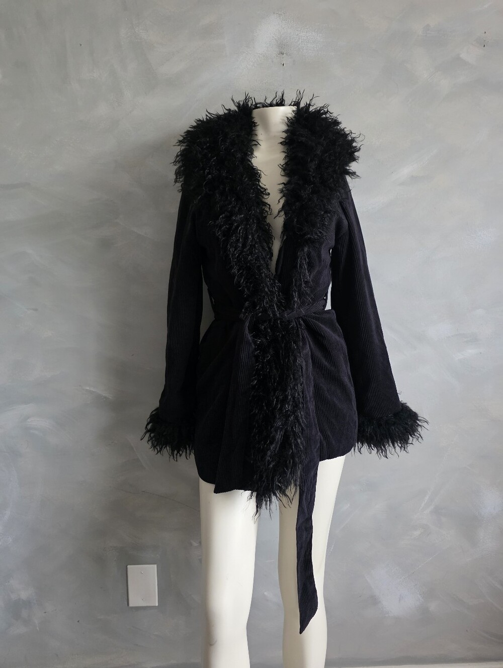 Y2K Vtg Style Black Corduroy Penny Lane Coat Shaggy Faux Fur Trim S Whimsigoth
